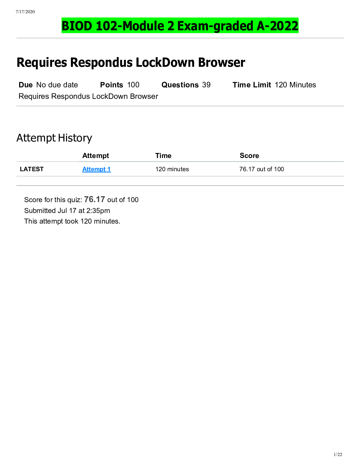 Preview image of BIOD 102-Module 2 Exam-graded A-2022 document
